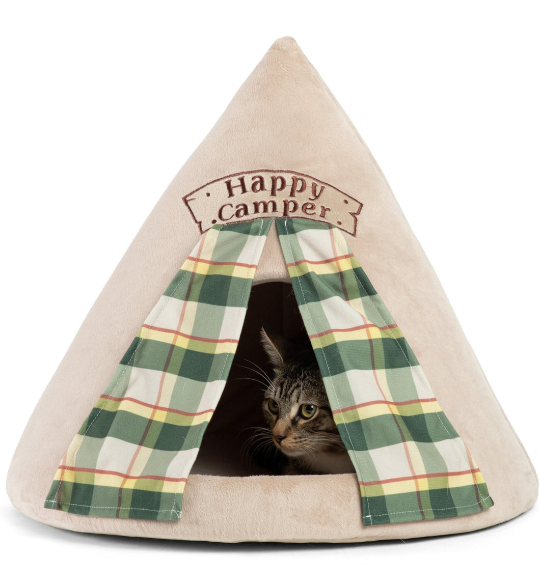 Cat resting inside Happy Camper Novelty Cat Hut from Cat Supplies and More